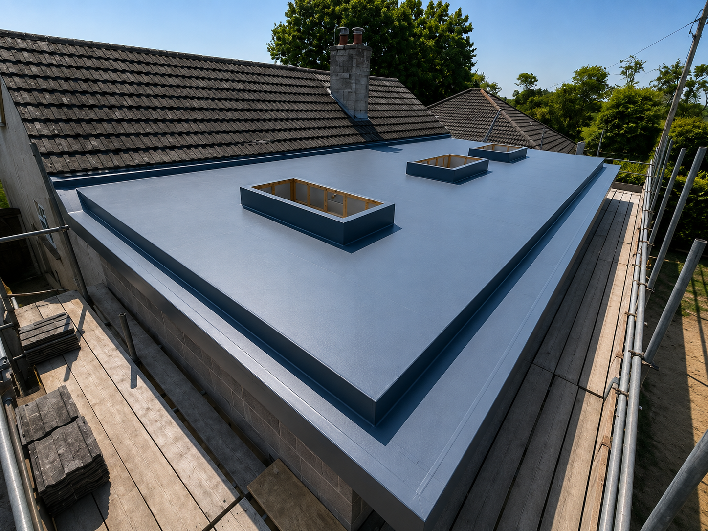Stepped perimeter detail on a flat roof extension completed by KJM Roof & Build Ltd in Dorset
